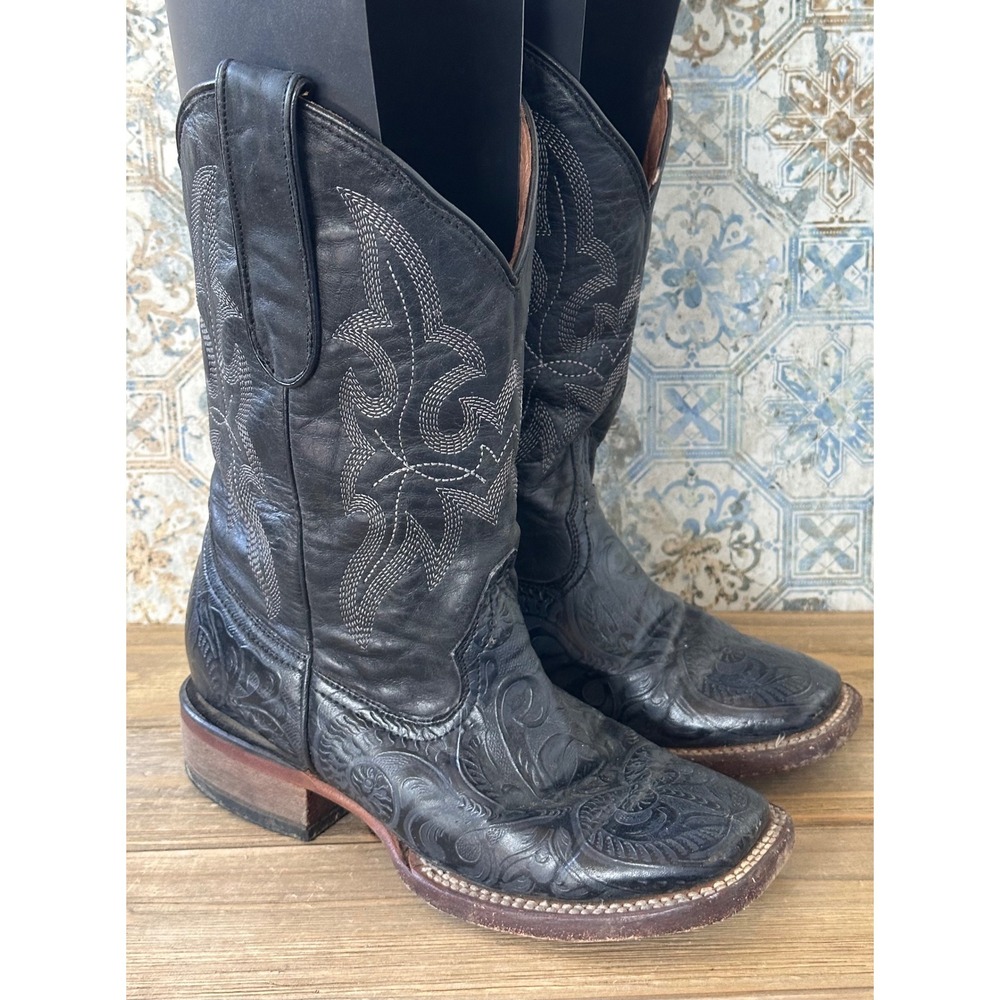 Tanner Mark Western Cowboy Boots Embossed Leather Kids 4 Black